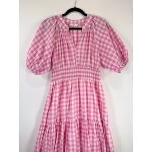 Entro Midi Dress Pink Tiered Gingham V Neck Puff Sleeve Smocked A Line Medium thumbnail 6