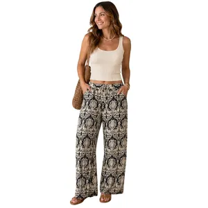 Solitaire Blue Ivory Print Wide Leg Palazzo Pants Rayon‎ Boho Medium thumbnail 2