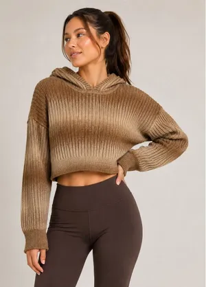 Offline By Aerie Size XS Ribbed Cropped Sweater Hoodie Brown Ombré Long Sleeve thumbnail 1