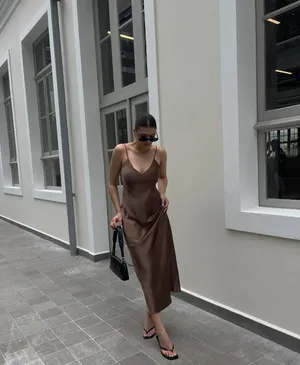 Zara dress midi maxi satin wedding lingerie chocolate brown party cocktail thumbnail 6