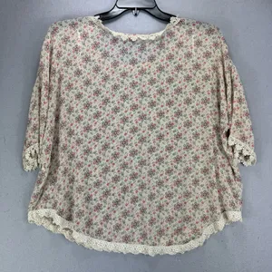Free People Top Women's M Tan Floral Semi Sheer Crochet Trim Cottagecore thumbnail 2