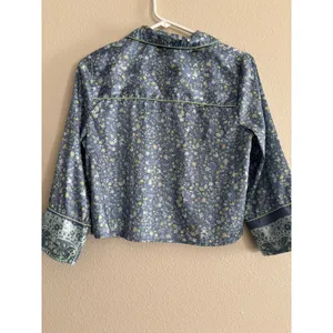 Free People Pillow Talk Pajama Top Womens XS Blue Floral Satin Cropped Comfort‎ thumbnail 2