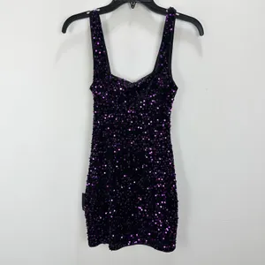Lulus Seeing Sparkles Dark Purple Velvet Sequin Square Neck Mini Dress Small NWT thumbnail 8