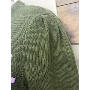ModCloth Olive Green Knit Puff Short Sleeve Sweater Light Purple Ribbon- Medium thumbnail 6