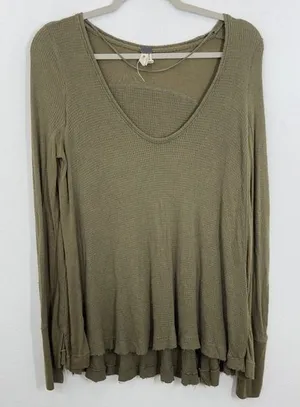 We The Free Thermal Waffleknit XS Olive Green Long‎ Sleeve Thumb Hole Layering thumbnail 1