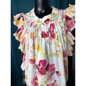 FAIRHOPE White Floral Ruffle Sleeve Pintuck Neck Blouse Women's‎ Medium thumbnail 2