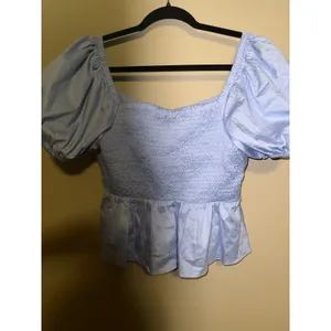 ASTR The Label Light Blue Puff Sleeve Tie Front Peplum Milkmaid top L Coquette thumbnail 6