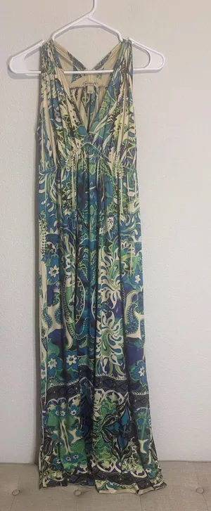 One world Petite Large Sleeveless Boho Printed Maxi Dress - Green/Blue thumbnail 1