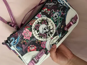 Ed Hardy Black Shoulder Bag with Pink Accents and Skull Rose Motif thumbnail 4
