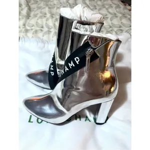 Longchamp Mirror Metallic Silver Logo Heeled Ankle Boot Designer 37 thumbnail 6