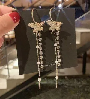 Gold Butterfly Crystal Pearl Long Tassel Dangle Drop Earrings for Women thumbnail 1