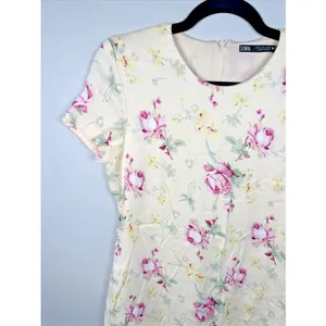 Zara Medium Dress Womens Floral Short Sleeve 90s Style‎ Yellow Pink Roses Lined thumbnail 9