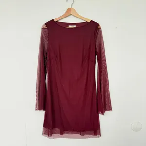 Rihoas Wine Red Boat Neck Mesh Mini Dress thumbnail 5
