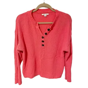 American Eagle Medium Henley Sweater Medium Pink Cotton Knit Relaxed Pullover thumbnail 1