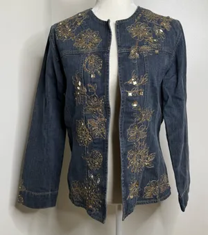 Chico’s Embroidered Sequin Open Front Jean Jacket Size 1 Chico (Med 8) Floral thumbnail 1
