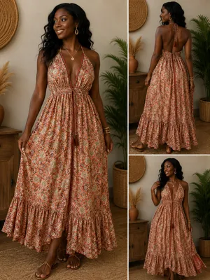 India Silk Tiered Halter Maxi dress thumbnail 7