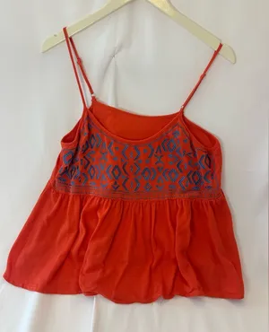 Boutique Women’s Bright Orange Blue Embroidered Summer Sleeveless Blouse thumbnail 1