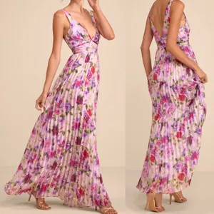 NWT Lulus Size Small Morgana Pink Multi Floral Satin Pleated Maxi Dress thumbnail 2