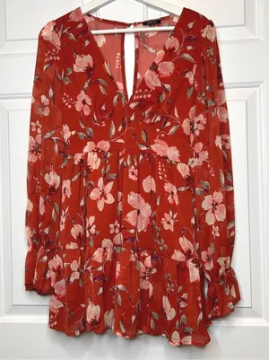 Privy Floral Print Mini Dress Long Sleeve Rust Red V Neck Ruffle‎ Hem Small thumbnail 1