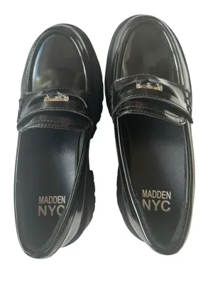 Madden NYC Platform Lug Sole Penny Loafers in shiny black patent finish. thumbnail 7