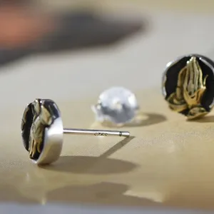925 Silver Plated Praying Hands Stud Earrings for Men Women,Punk Hip Hop Earrings thumbnail 2