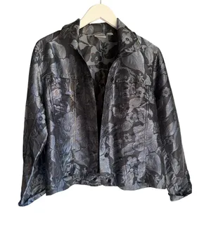 Chico's Black Floral Jacquard Silk Blend Jacket Size 2 Metallic Shimmer Evening thumbnail 1