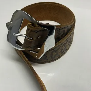 Brown Western Leather Embossed Floral Inspired Belt with Shiny Silver Hardware thumbnail 6