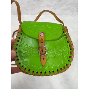 Vintage Mexican Tooled Leather Crossbody Bag Lime Green Whipstitch Boho Mini thumbnail 2