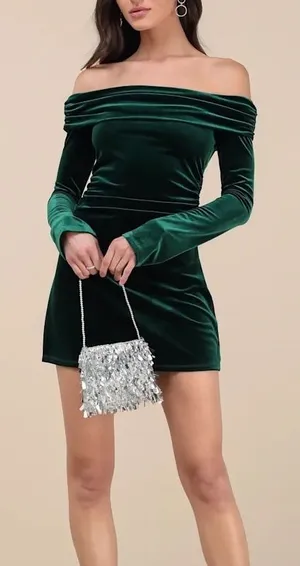 Lulus Nia Emerald Velvet Off-The-Shoulder‎ Mini Dress Size M thumbnail 1