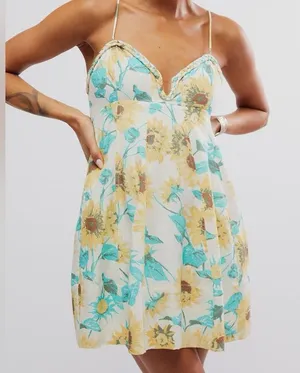 NWT Free People Altura Printed Mini Dress Sunflower Large thumbnail 1