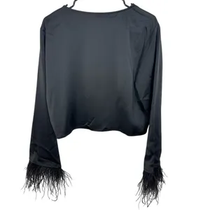 WAYF Black Satin Feather Trim Long Sleeve Crop Top Women's Size‎ S NWT Shopbop thumbnail 12