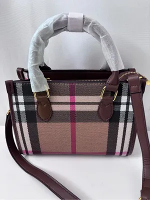 Classic Check Canvas Mini Tote Bag - Pink Stripe Brown Leather Crossbody thumbnail 2