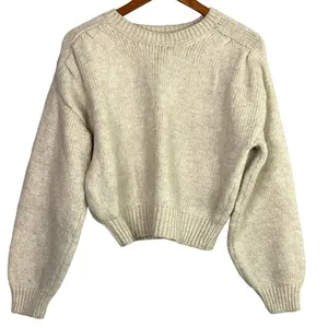 ZARA Cropped Ribbed Hems Long Sleeve Crew Neck Chunky Knit Sweater Small Cream thumbnail 2