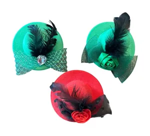 ⭐️ Vintage Mini Top Hats Hair‎ Clip Red Green Feather Flower Costume Bundle Set thumbnail 1