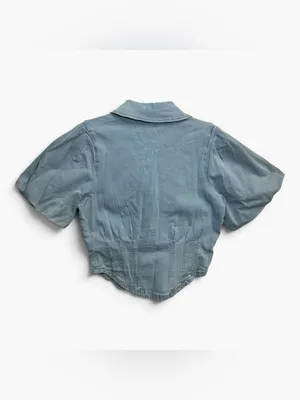 Bagatelle Collection Denim Puff Sleeve Corset Button Front Top S NWT thumbnail 4