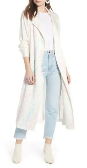 NEW‎ Something Navy Pastel Tie Dye Satin Long Trench Coat S thumbnail 1