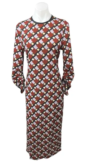 Zara Multicolor Geometric Ruched Long Sleeve Slit Midi Maxi Bodycon Dress Size M thumbnail 1