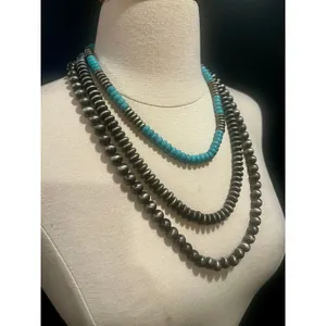 Artisan Turquoise & Gunmetal Triple Strand Beaded Necklace Southwestern Statement thumbnail 3
