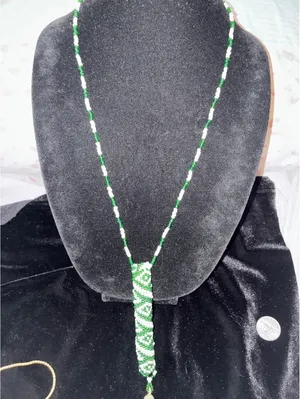 Vintage Handwoven Peyote Stitch Seed Bead Necklace Boho Geometric w/ Bell thumbnail 3