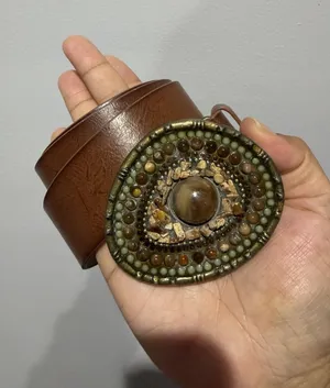 Vintage Congac Full Grain Leather Belt Stone Jewel Buckle Boho Hobo Western Y2K thumbnail 1