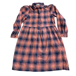 Autumn Inspired Burnt Orange Navy Plaid Button Front Empire Waist Shirt Dress M thumbnail 3