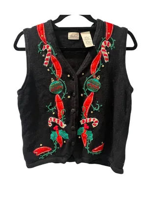 VTG Kathie Lee Christmas Ornament Sweater Vest Black Knit Candy Cane Holly Med thumbnail 1