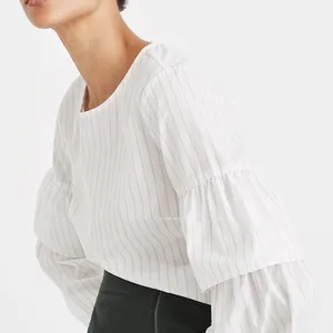 Madewell Tiered‎ Ruffled Flare Accent Sleeves White Grey Striped Blouse - XS thumbnail 4