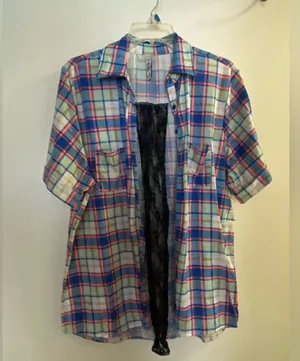RNB Womens Button Down Flannel Shirt 3X 3XL Plaid Blue Peach Black Lace Back thumbnail 1