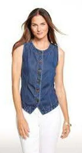 Talbots Tencel Denim Vest Women LP Blue Button Sleeveless Top‎ Boho Western thumbnail 1