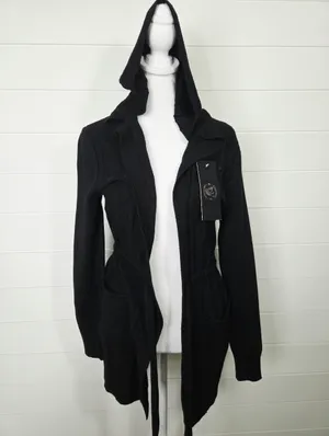 S. Christina Cashmere Black Hooded Open Front Cardigan Sweater S/M thumbnail 4