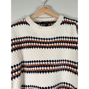 Forever 21 Womens Chenille Popcorn‎ Knit Striped Sweater Cream Brown Navy Small thumbnail 4