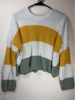 Sweater M White Mustard Sage Colorblock Chunky Knit Crew Neck Cropped thumbnail 5