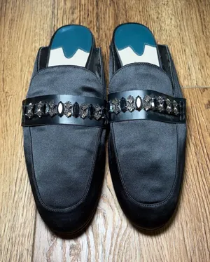 Libby Edelman Piper Black Satin Jeweled Mules Pointed Toe Flats‎ Size 9M thumbnail 1