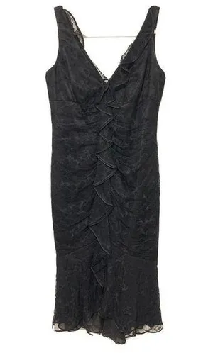 Carmen Marc Valvo Size 6 Black Silk Lace Overlay Ruffle Sleeveless Midi Dress thumbnail 1